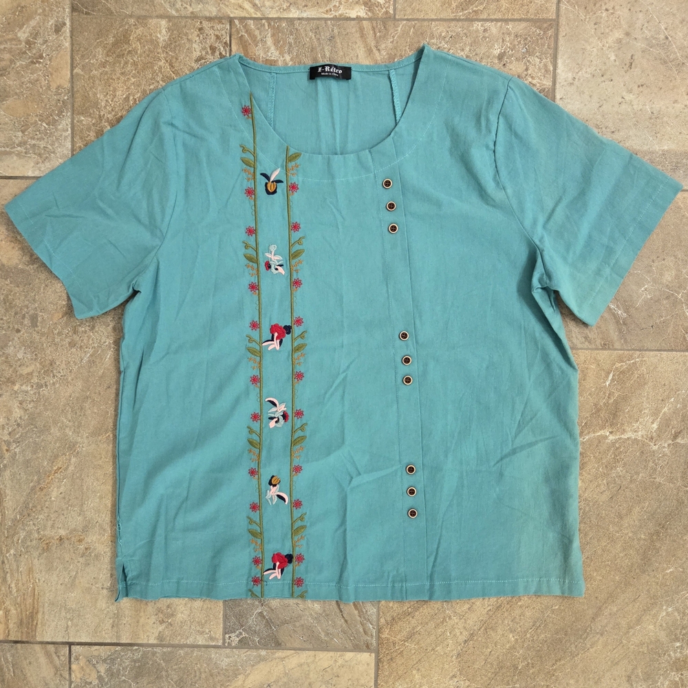E Retro Chic Teal Embroidered Short Sleeve Top XXL Boho Hippie‎ Beachy